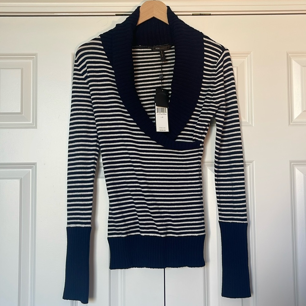Bcbgmaxazria Navy Stripe Wrap Front Sweater